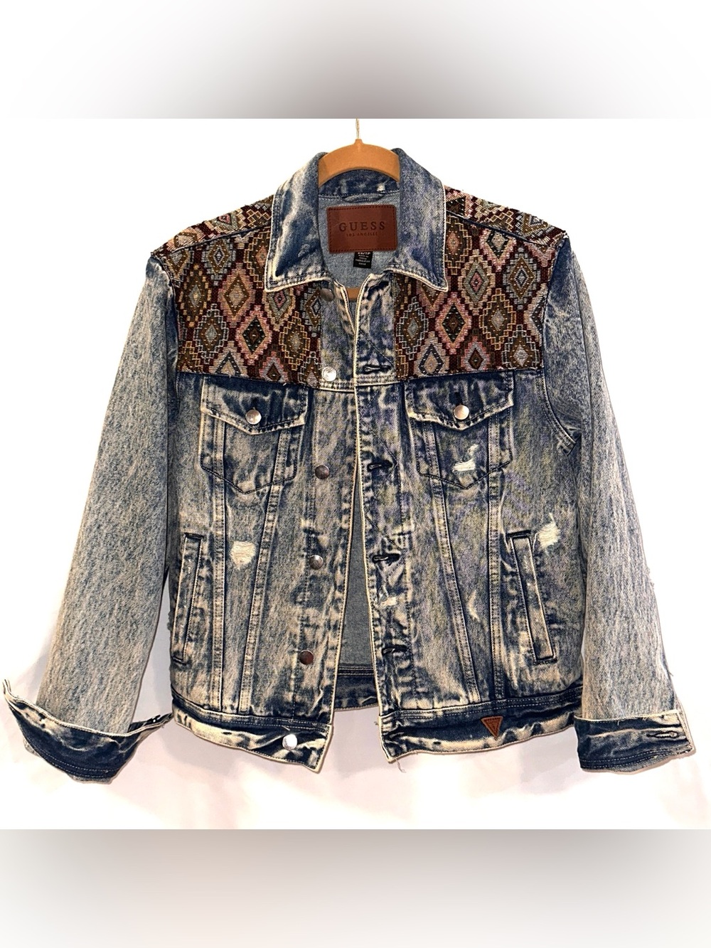 GUESS Blue Acid Wash Denim Jacket with Brown Aztec Yoke Size XS